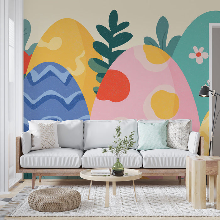 Fotótapé Húsvéti tojások | Színes díszítő tojásminták virágok és lombozat között