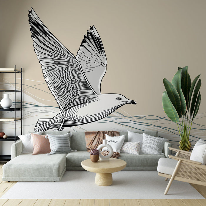 Ταπετσαρία τοιχογραφίας πουλί σε πτήση | Μινιμαλιστική εικόνα ενός πουλιού με ρευστές ανακλίσεις