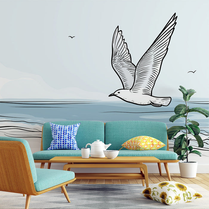 Tapet cu desen de pasăre în zbor | Un model elegant care înfățișează o pasăre zburând peste un mare calm.