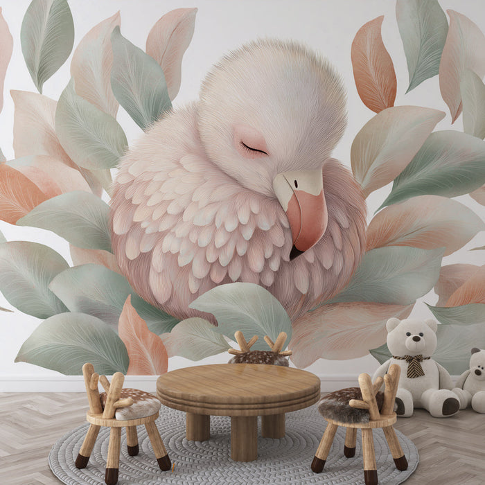 Tapet cu pasăre adormită | O pasăre confortabilă cu pene moi înconjurată de frunze delicate