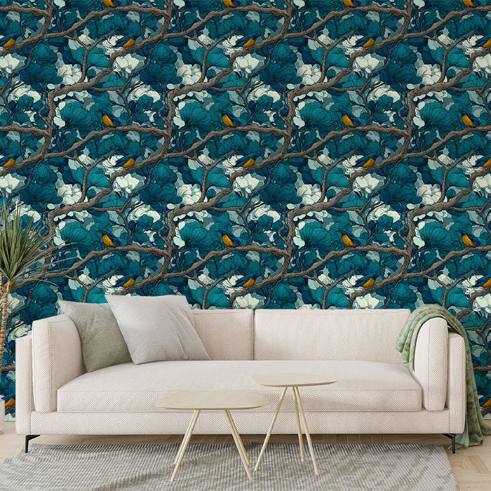 Fototapeet lind ja lehestik | Muster veetaimede okstega ja lilledega