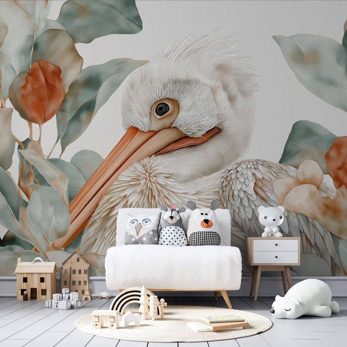 Fototapet ptica in listje | Podrobni portret pelikana med elegantnimi listi