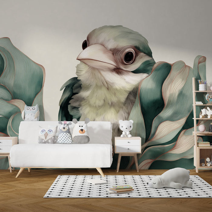 Tapete ptica i lišće | Delikatna ptica okružena stiliziranim zelenim lišćem