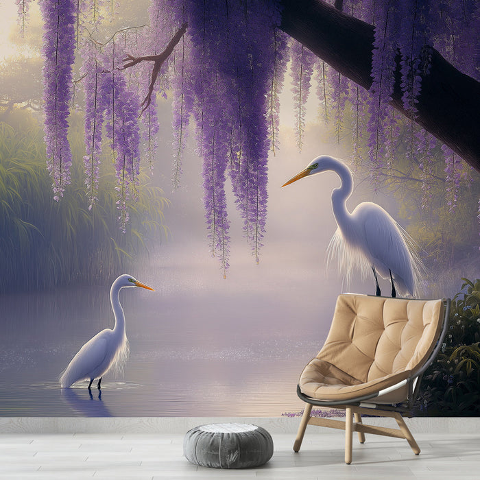 Fototapete Vogel und Blumen | Friedliche Szene von Vögeln an einem See umgeben von Glyzinien