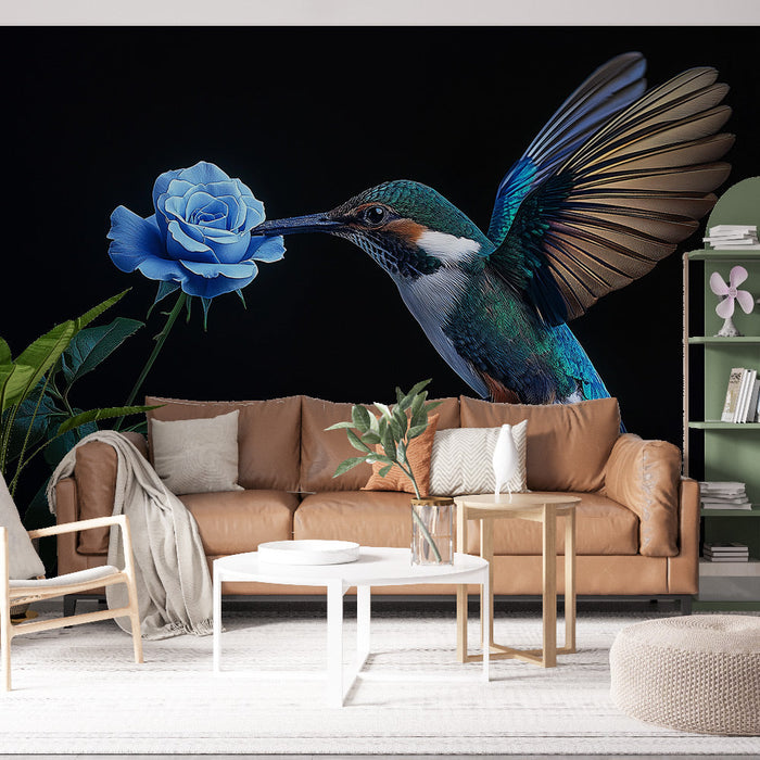 Tapeta bird and rose | A vibrant hummingbird foraging a blue rose