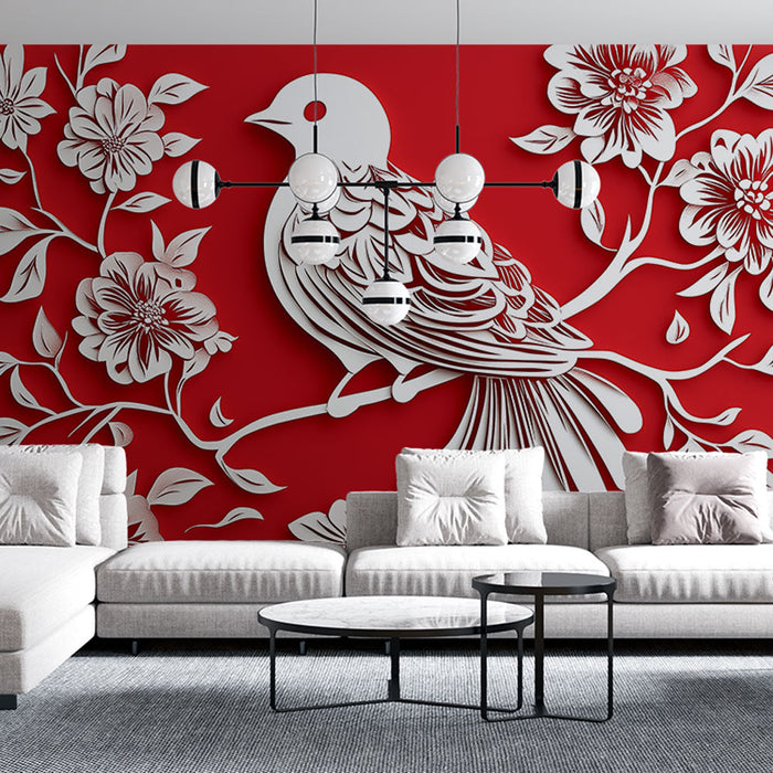 Mural Wallpaper floral bird | Stylized bird with white flowers on red background