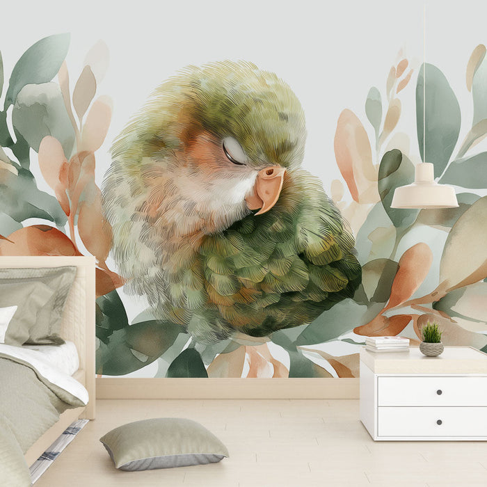 Tapeta klidný pták | Spící pták obklopený měkkým a barevným listím