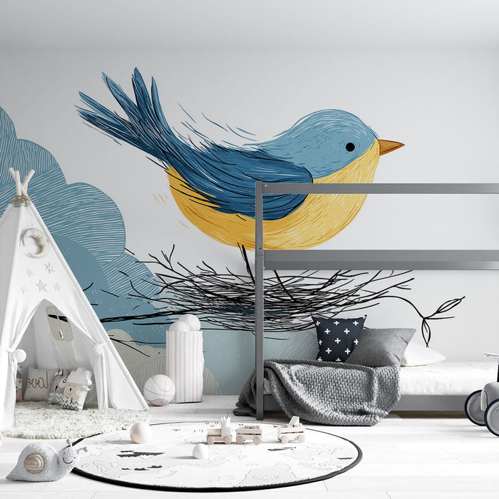 Fototapete vogel | Ein fröhlicher Vogel auf einem Nest umgeben von Wolken