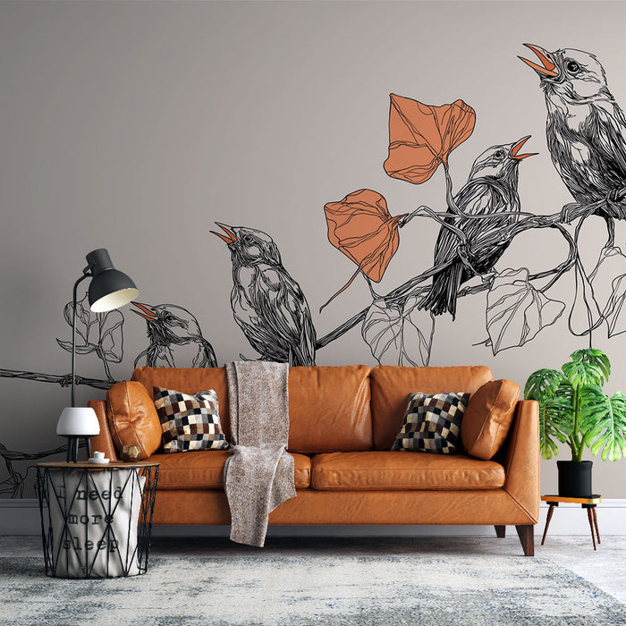 Tapete пеене на птици | Птици на клон с цветни листа