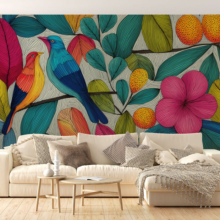 Fotótapé színes madarak | Lombozat és stilizált madár minta
