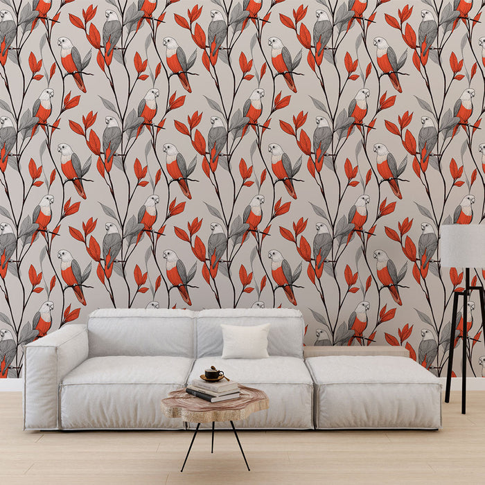 Fototapet šarene ptice | Ptice na sivom pozadini između crvenih i sivih listova