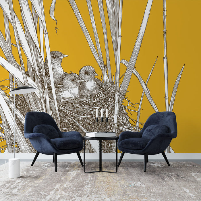 Foto Behang vogels in het nest | Delicate illustratie van kuikens op een gele achtergrond