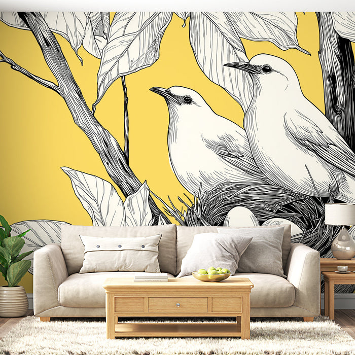 Mural Wallpaper birds | Two peaceful birds in a nest on a yellow background