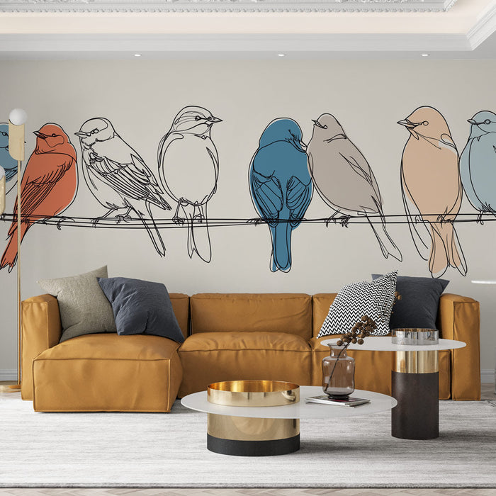 Tapete με πουλιά online | Απαλές εικονογραφήσεις μικρών πολύχρωμων πουλιών σε κλαδί