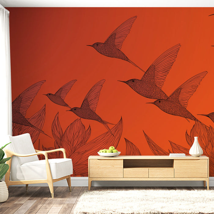 Tapete ptica u letu | Elegantan dizajn s stiliziranim pticama na narančastoj pozadini