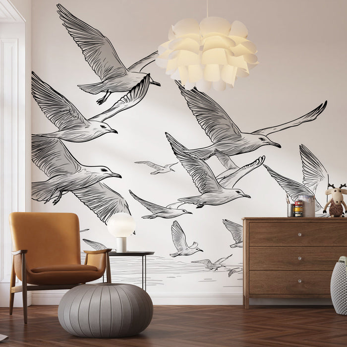 Mural Wallpaper birds in flight | Elegant illustrations of birds in full flight