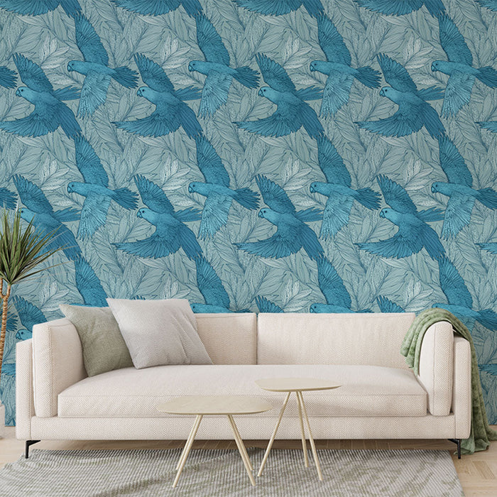 Tapeta ptáci ve vzletu | Elegantní vzor modrých ptáků na pozadí listů
