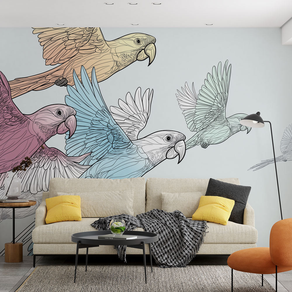Foto Behang vogels in vlucht | Papegaaien vliegen in een lichte lucht —  WonderMural, image size:1000x1000