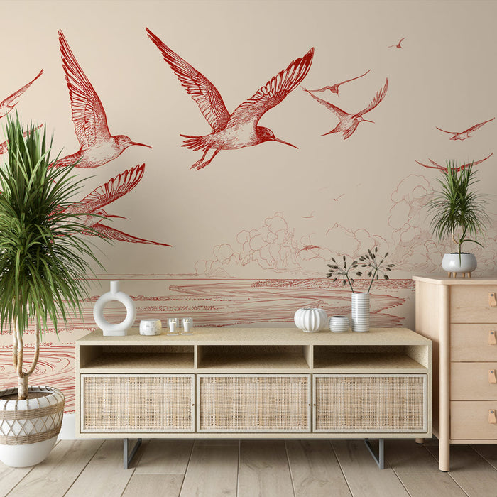 Mural Wallpaper birds in flight | Delicate coastal scene with birds drawn in red