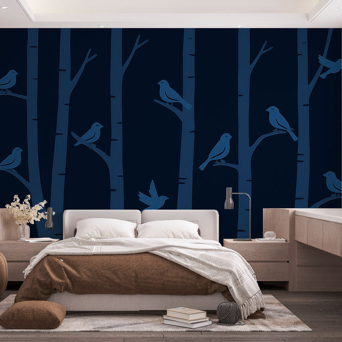 Mural Wallpaper birds and trees | Subtle pattern of bird silhouettes perched on tree trunks