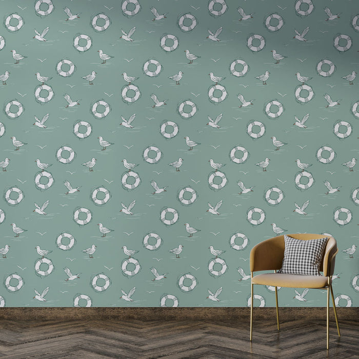 Tapet cu păsări și balize | Model jucaus cu pescarusi si balize de salvare pe un fundal verde