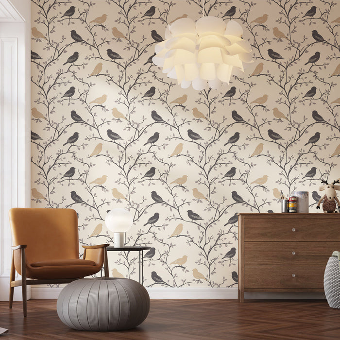 Mural Wallpaper birds and branches | Bird pattern in soft shades on a light background