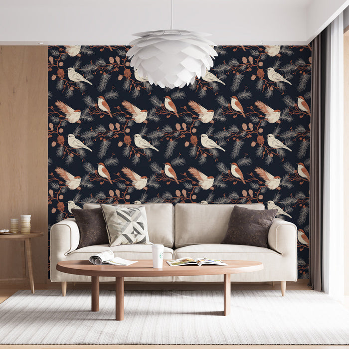 Fototapet fugle og grene | Fuglemønster på en midnatsblå baggrund