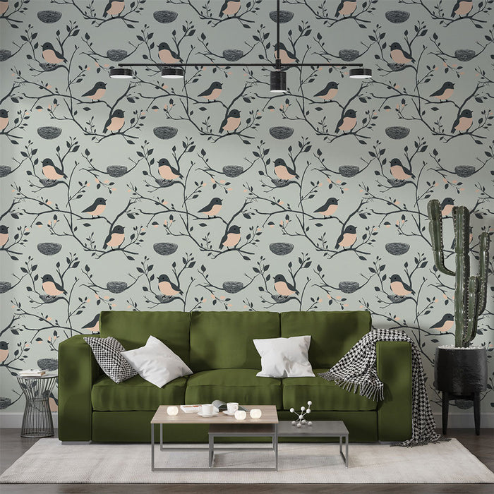 Papel pintado pájaros y ramas | Patrones de pequeños pájaros en ramas delicadas