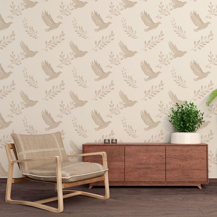 Foto Behang vogels en bladeren | Delicate natuurlijke elementen op een zachte achtergrond