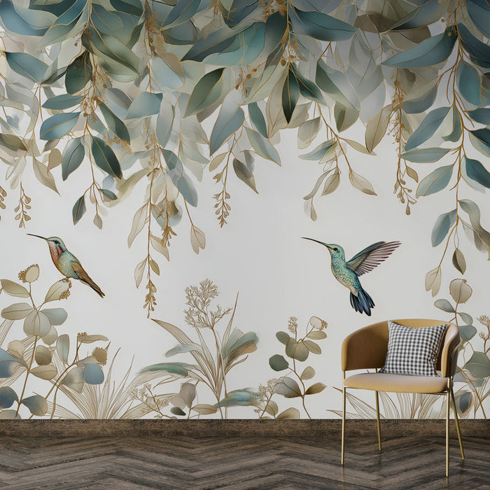 Carta da parati uccelli e fogliame | Colibrì incredibili appollaiati tra fogliame delicato