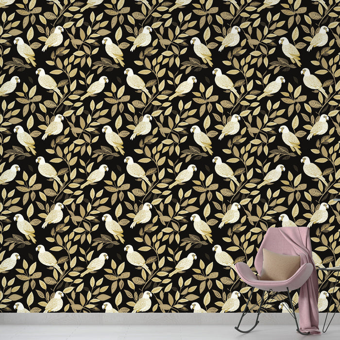 Foto Behang vogels en bladeren | Patroon van witte papegaaien op een zwarte achtergrond