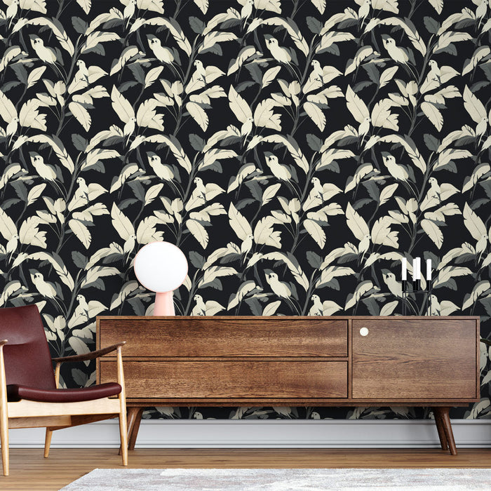 Tapetti linnut ja lehdet | Kasvi- ja lintukuviointi tummalla taustalla