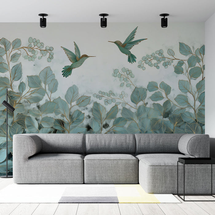 Fototapet ptica i lišće | Delikatan uzorak šarenih ptica i bujnog lišća