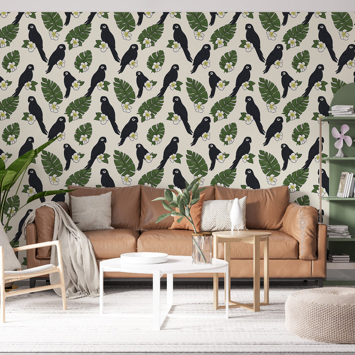 Tapet cu păsări și frunze | Model jucaus de păsări negre pe un fundal crem cu frunze și flori