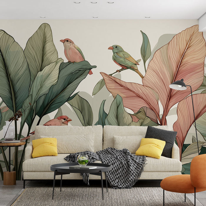 Тапет с птици и листва | Цветни птици на големи плътни листа