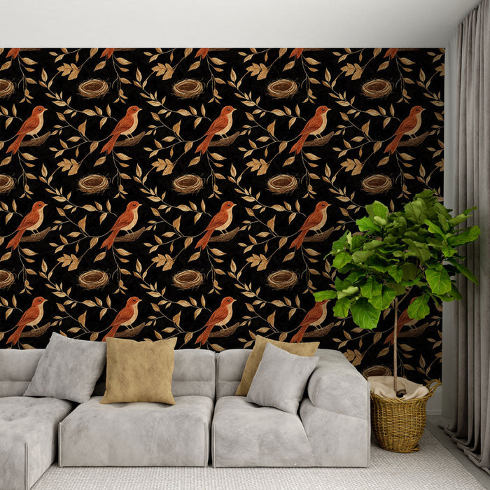 Fototapeet linnud ja lehestik | Maalilised linnud mustal taustal lehe- ja pesamustritega