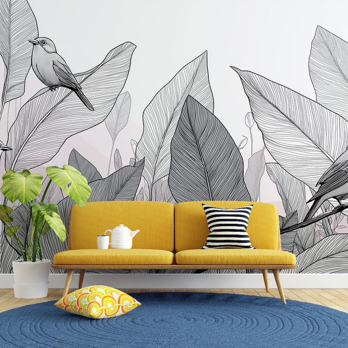 Tapeta ptáci a listí | Elegantní design černobílých listů a ptáků