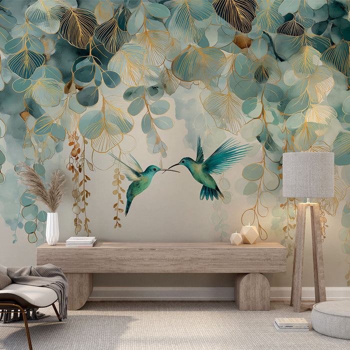 Fototapet fugler og løvverk | Et fortryllende bilde av kolibrier midt blant delikate blader