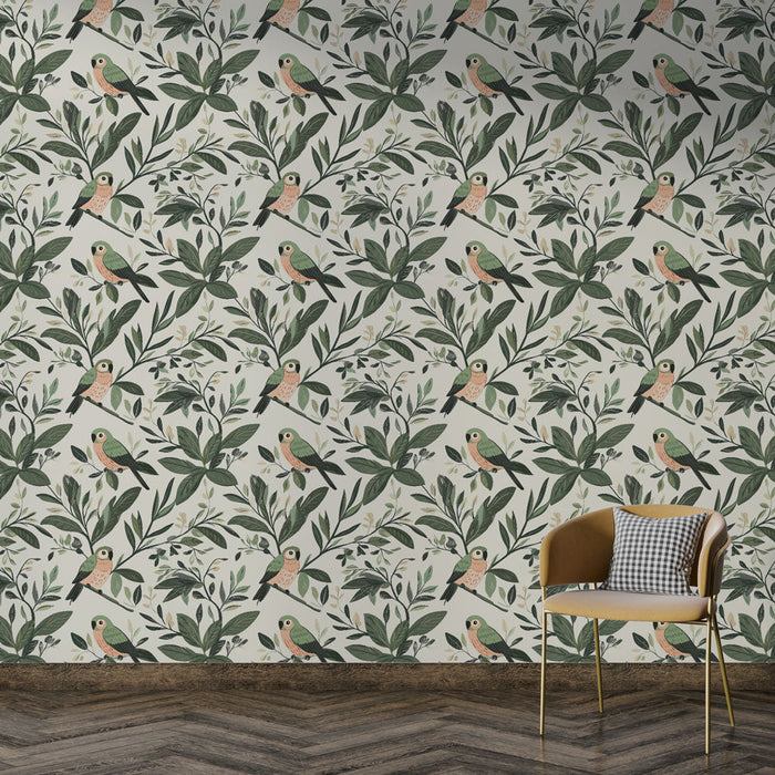 Tapeta z ptakami i liśćmi | Wesoły wzór kolorowych ptaków na jasnym tle