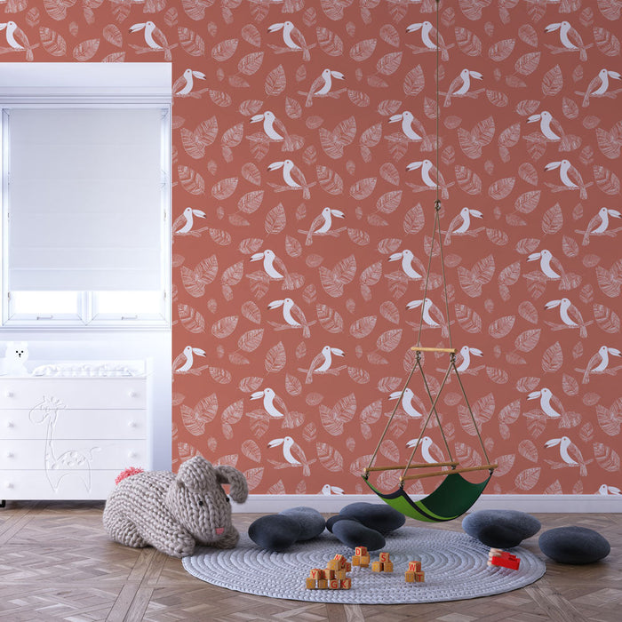 Mural Wallpaper birds and leaves | Pattern of white birds on terracotta background with leaves