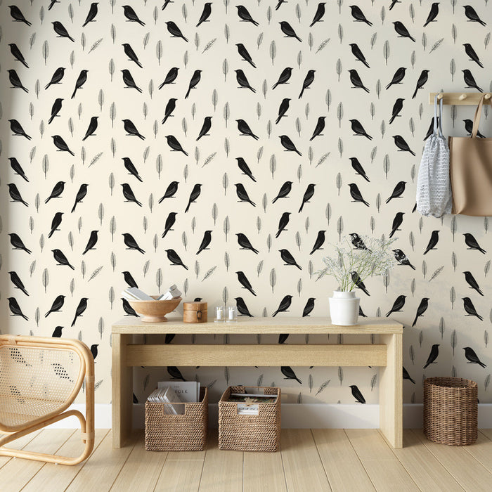 Fototapet kuşlar ve yapraklar | Krem arka plan üzerinde siyah kuşların siluet deseni