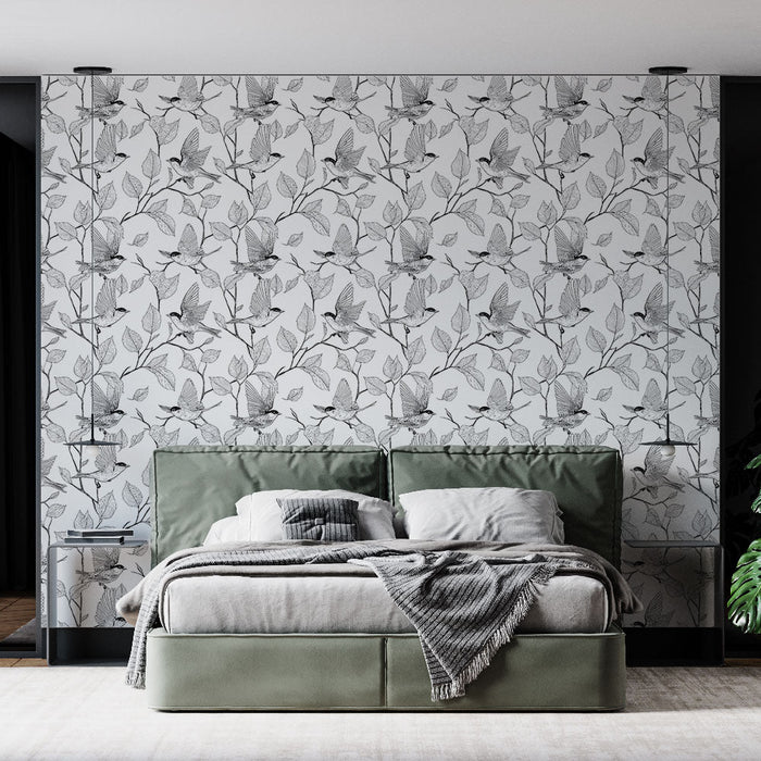 Mural Wallpaper birds and leaves | Delicate pattern of birds flying among the leaves
