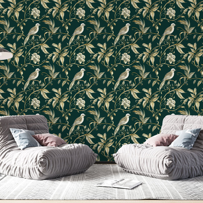 Tapet cu păsări și flori | Model cu flori și păsări pe fundal verde închis