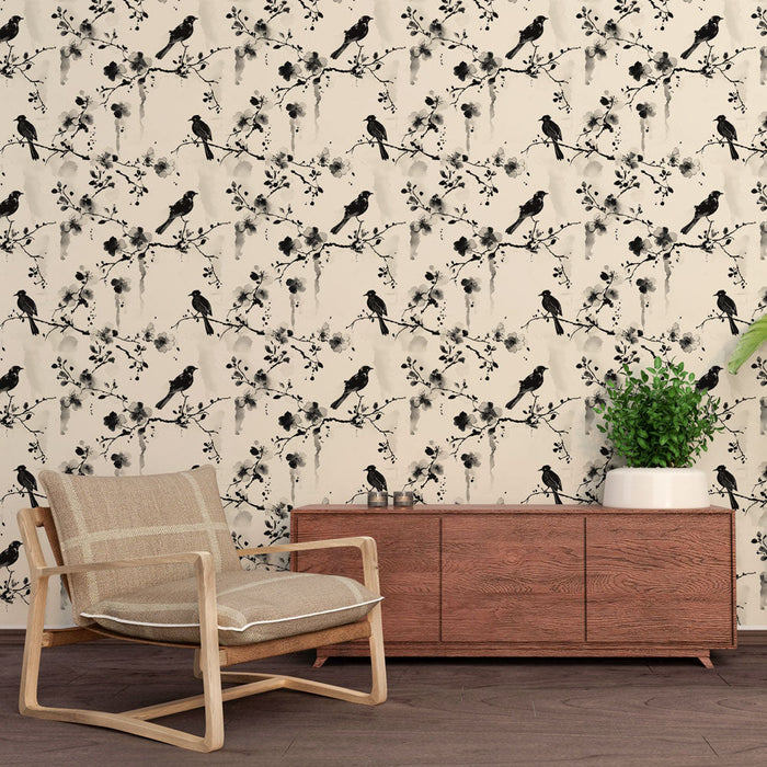 Tapete птици и цветя | Деликатен модел на цветни клонки и черно-бели птици