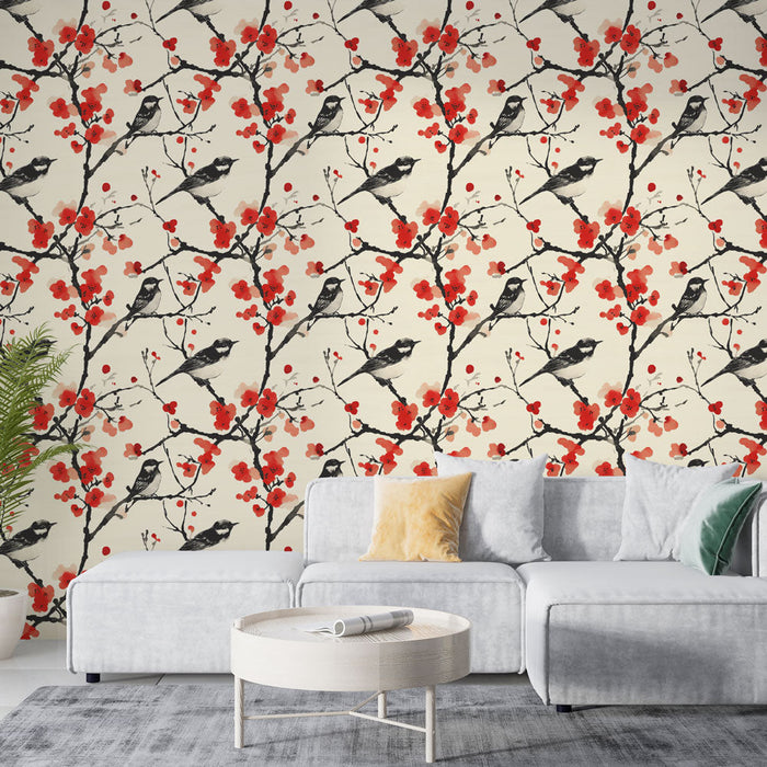 Tapeta z motywem ptaków i kwiatów | Delikatny wzór roślin i ptaków na beżowym tle