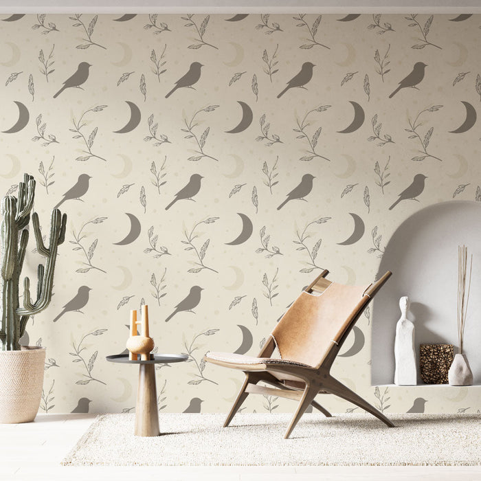 Tapetti linnut ja kuutiot | Lintujen ja puolikuun siluetteja