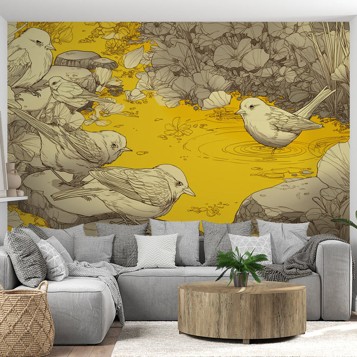 Mural Wallpaper birds and nature | Small birds around a golden stream