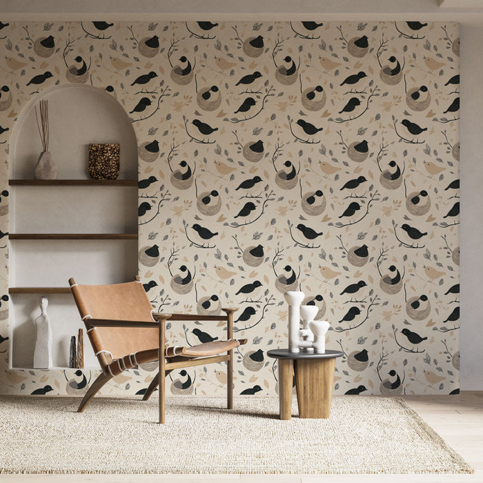 Papel de parede pássaros e ninhos | Padrão lúdico de pequenos pássaros e ninhos em um fundo claro