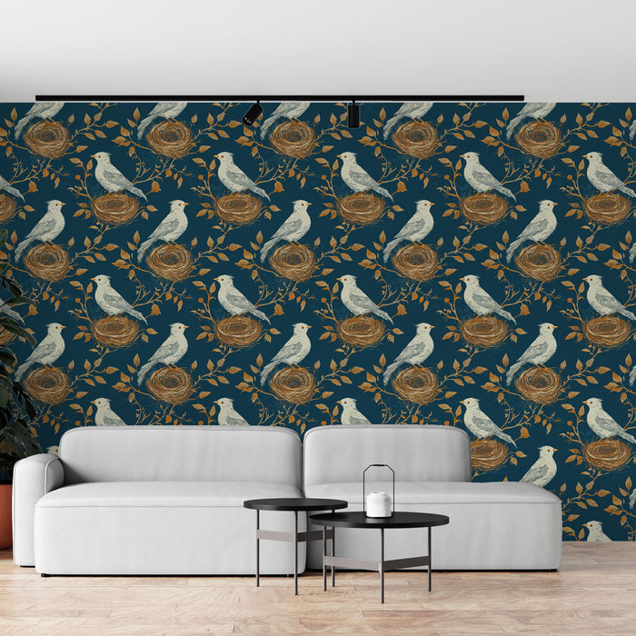Mural Wallpaper birds and nests | Birds on a midnight blue background with nests and golden leaves