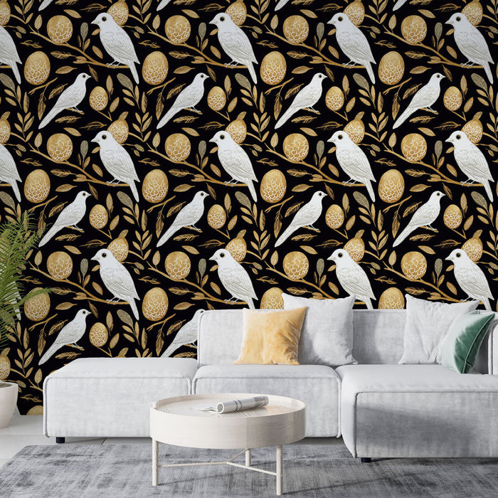 Fototapet fugle og æg | Hvid fuglemønster omgivet af blade og gyldne æg